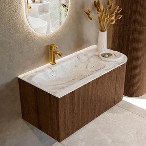 Mondiaz Kurve-dlux 95cm badmeubel ronding rechts walnut met 1 lade en deur en wastafel big small kraangat links glace