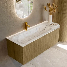 Mondiaz Kurve-dlux 125cm badmeubel ronding rechts dusk met 1 lade en deur en wastafel big medium kraangat links glace