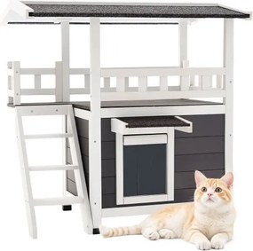 VEVOR Buitenkattenhuis, 2-laags houten kattenhuis met trap en balkon, verhoogde kattenhut, ruime ruimte, voor binnen- en buitenkatten in de winter, 762x563x774 mm