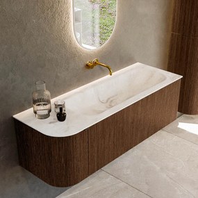 Mondiaz Kurve-dlux 135cm badmeubel ronding links walnut met 1 lade en deur en wastafel big medium rechts zonder kraangat frappe