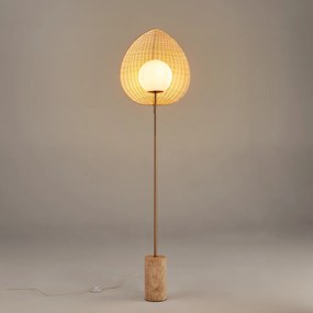 Vloerlamp van opaline, rotan en travertijn Javana