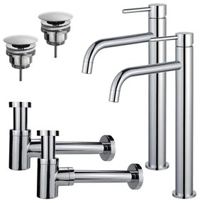 Fortifura Calvi Slim Wastafelkraanset - voor dubbele wastafel - verhoogde wastafelkraan - always open plug - verlaagde design sifon - Chroom 2x SW377813/2x SW696209/2x SW696219