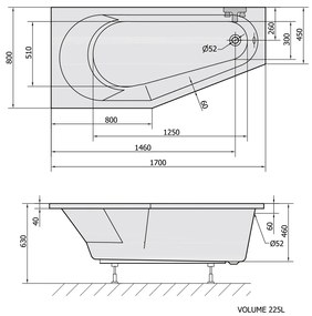 Polysan Tigra asymmetrisch ligbad 170x80cm links wit