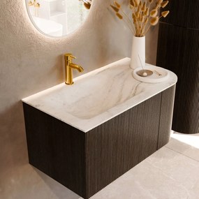 Mondiaz Kurve-dlux 85cm badmeubel ronding rechts shadow met 1 lade en deur en wastafel cloud kraangat links opalo