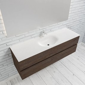 Zaro Sevilla Solid Surface badmeubel 150cm donker eiken 1 kraangat spoelbak midden met 2 lades