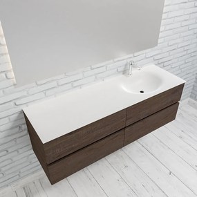 Zaro Sevilla Solid Surface badmeubel 150cm donker eiken 1 kraangat spoelbak rechts met 4 lades