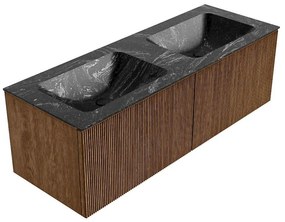 Mondiaz Kurve-dlux 130cm badmeubel walnut met 2 lades en wastafel leaf dubbel 2 kraangaten lava