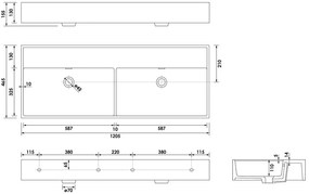 Brauer Lunar dubbele wastafel keramiek 120cm zonder kraangaten zwart mat