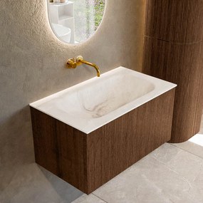 Mondiaz Kurve-dlux 80cm badmeubel walnut met 1 lade en wastafel big small midden zonder kraangat frappe