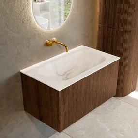 Mondiaz Kurve-dlux 80cm badmeubel walnut met 1 lade en wastafel big small midden zonder kraangat frappe