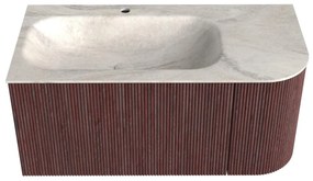 Mondiaz Kurve-dlux 95cm badmeubel ronding rechts ruby met 1 lade en deur en wastafel big small kraangat links ostra