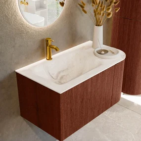 Mondiaz Kurve-dlux 85cm badmeubel ronding rechts ruby met 1 lade en deur en wastafel cloud kraangat links frappe