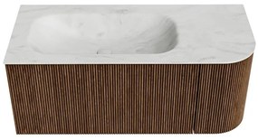 Mondiaz Kurve-dlux 105cm badmeubel ronding rechts walnut met 1 lade en deur en wastafel big small links zonder kraangat opalo