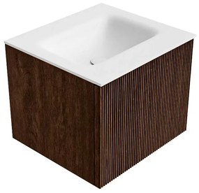 Mondiaz Kurve 50cm badmeubel walnut met 1 lade en wastafel grunne midden 1 kraangat