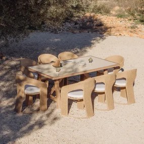 Rechthoekige Eettafelset 200x100 Cm Van Acaciahout En Dubai-tegels Met 8 Tuinstoelen Van Synthetisch Riet Omarel Tapioca Beige - Sklum