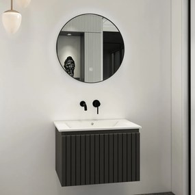 Fontana Lento zwart badmeubel ribbelfront 60cm met witte wastafel zonder kraangat en ronde spiegel