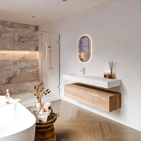 Zaro Alan badmeubel 140cm washed oak 1 lade met vrijhangende wastafel cloud links 1 kraangat talc