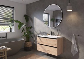 Saqu Gaia ondiep badmeubel incl. glans witte wastafel 100x40x64cm naturel eiken – zwarte greeplijst