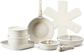 VEVOR Inductiepannenset (17 stuks) met glazen deksel, antiaanbakpannen met afneembare handgreep, inductiekookpannen voor bakken, kruiden en koken (wit)