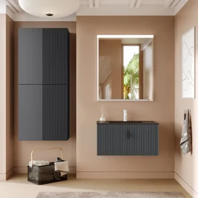 Muebles Raya badmeubel ribbelfront 80cm antraciet mat met zwarte wastafel met kraangat