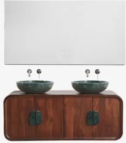 Dubbel Zwevend Badkamermeubelset 130x45 Cm Van Mangohout En Natuurlijke Kivalina-steen Groen Marmer Uit Udaipur - Donker Mangohout & 2 X Onde Groene -