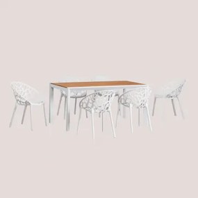 Archer Classic Rechthoekige Tafelset Van Hout En Aluminium (160x90 Cm) En 6 Ores Stapelbare Tuinstoelen Gardenia Wit - Sklum