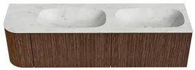 Mondiaz Kurve-dlux 165cm badmeubel ronding links walnut met 2 lades en 1 deur en wastafel stor small dubbel/rechts 2 kraangaten opalo