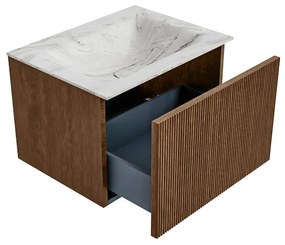 Mondiaz Kurve-dlux 60cm badmeubel walnut met 1 lade en wastafel cloud midden zonder kraangat glace