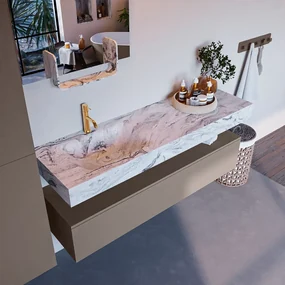 Mondiaz Alan DLux badmeubel 150cm smoke 1 lade met wastafel glace links 1 kraangat