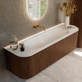 Mondiaz Kurve 150cm badmeubel ronding links/rechts walnut met 1 lade en 2 deuren en wastafel big medium midden zonder kraangat
