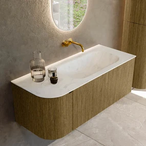 Mondiaz Kurve-dlux 115cm badmeubel ronding links dusk met 1 lade en deur en wastafel big small rechts zonder kraangat opalo