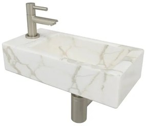 Wiesbaden Mini-Rhea links fonteinset 36x18x9cm Carrara marmerlook wit incl. Amador fonteinkraan geborsteld staal 32.5496 - 22.3708 - 32.3537 - 33.4421 - 33.4399