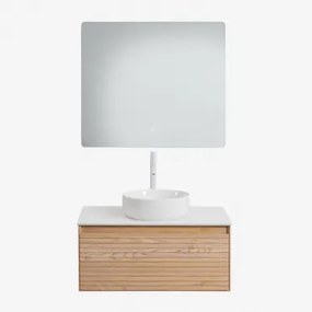 Tedrik Badkamermeubelset In Essenhout Ash Brown & Rond Keramiek Wit Ø40 Cm Lenka & Rechthoekige Led En Anticondens 80x70 Cm Gualar & Wit - Sklum