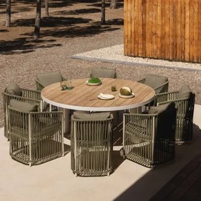 Ronde Tafelset Riviera, Ø180 Cm, In Teakhout En Aluminium, En 8 Sophie Tuinstoelen In Aluminium En Gevlochten Touw. Leger Groen – Koel - Sklum