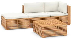 vidaXL 4-delige Loungeset met crèmekleurige kussens massief teakhout