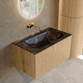 Mondiaz Kurve-dlux 80cm badmeubel oak met 1 lade en wastafel big small midden zonder kraangat lava