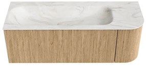 Mondiaz Kurve-dlux 125cm badmeubel ronding rechts oak met 1 lade en deur en wastafel big medium kraangat links ostra