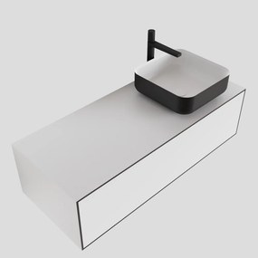 Zaro Lagom volledig naadloos solid surface onderkast met topblad 110cm mat zwart met 1 lades Push tot open. Compleet met solid surface opzetkom met 1 kraangat(en)