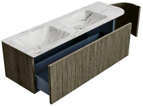 Mondiaz Kurve-dlux 145cm badmeubel ronding rechts shadow met 1 lade en deur en wastafel leaf dubbel/links 2 kraangaten glace