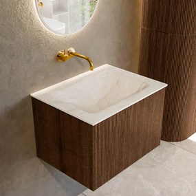 Mondiaz Kurve-dlux 60cm badmeubel walnut met 1 lade en wastafel cloud midden zonder kraangat ostra