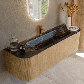 Mondiaz Kurve-dlux 150cm badmeubel ronding links/rechts oak met 1 lade en 2 deuren en wastafel big medium midden 1 kraangat lava