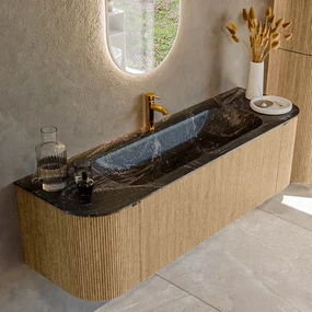 Mondiaz Kurve-dlux 150cm badmeubel ronding links/rechts oak met 1 lade en 2 deuren en wastafel big medium midden 1 kraangat lava