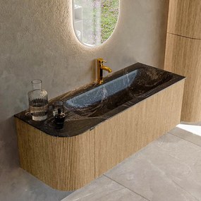 Mondiaz Kurve-dlux 125cm badmeubel ronding links oak met 1 lade en deur en wastafel big medium kraangat rechts lava