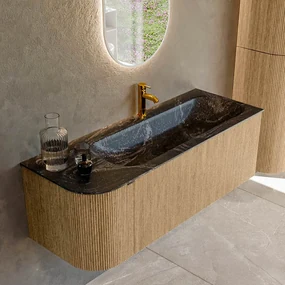 Mondiaz Kurve-dlux 125cm badmeubel ronding links oak met 1 lade en deur en wastafel big medium kraangat rechts lava
