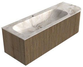 Mondiaz Kurve-dlux 135cm badmeubel ronding rechts dusk met 1 lade en deur en wastafel big medium kraangat links frappe