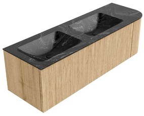 Mondiaz Kurve-dlux 145cm badmeubel ronding rechts oak met 1 lade en deur en wastafel leaf dubbel/links 2 kraangaten lava
