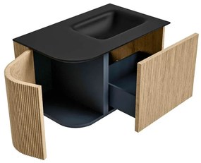 Mondiaz Kurve 75cm badmeubel ronding links oak met 1 lade en deur en wastafel grunne kraangat rechts urban