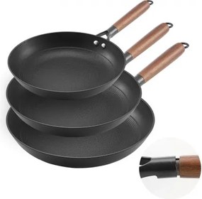 VEVOR gietijzeren koekenpannenset (205/265/310 mm), robuuste koekenpannen met afneembare houten handgreep, kookpan, keuken kookgerei, geschikt voor gas en elektrisch zwart