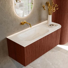 Mondiaz Kurve-dlux 115cm badmeubel ronding rechts ruby met 1 lade en deur en wastafel big small links zonder kraangat ostra