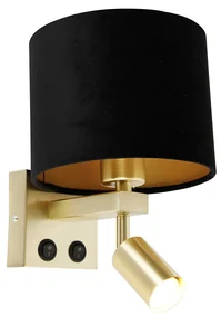 Wandlamp messing met leeslamp en kap 18 cm zwart - Brescia Modern E27 vierkant Binnenverlichting Lamp